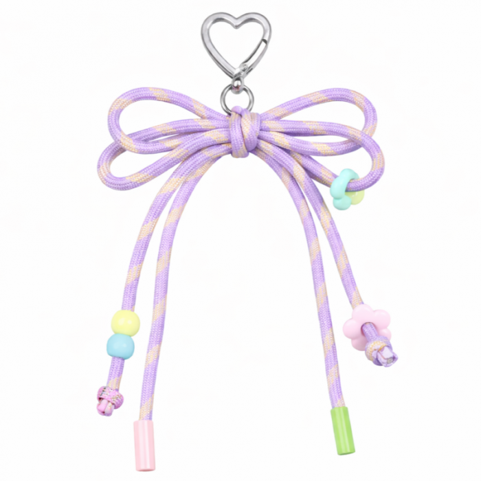 Brelok do kluczy, sznurkowa kokardka, koraliki, fiolet w paski