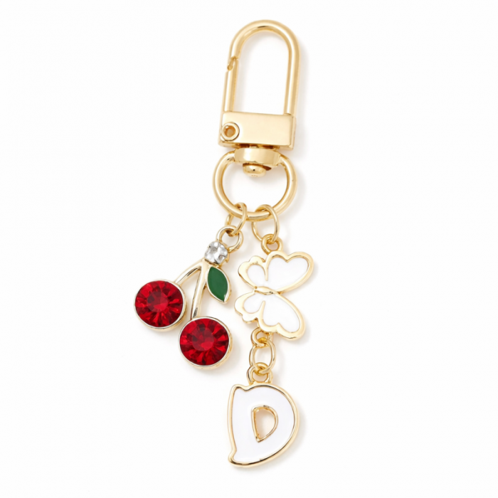 Brelok do kluczy LITERKA D, WISIENKI, cyrkonie, złote z motylkiem