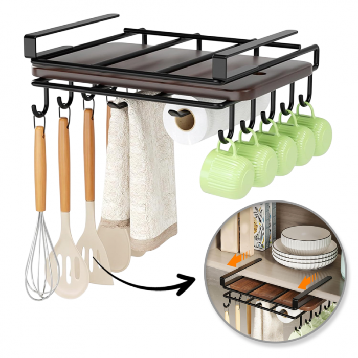 Półka, uchwyt podwieszany do szafki, organizer kuchenny z haczykami, czarny