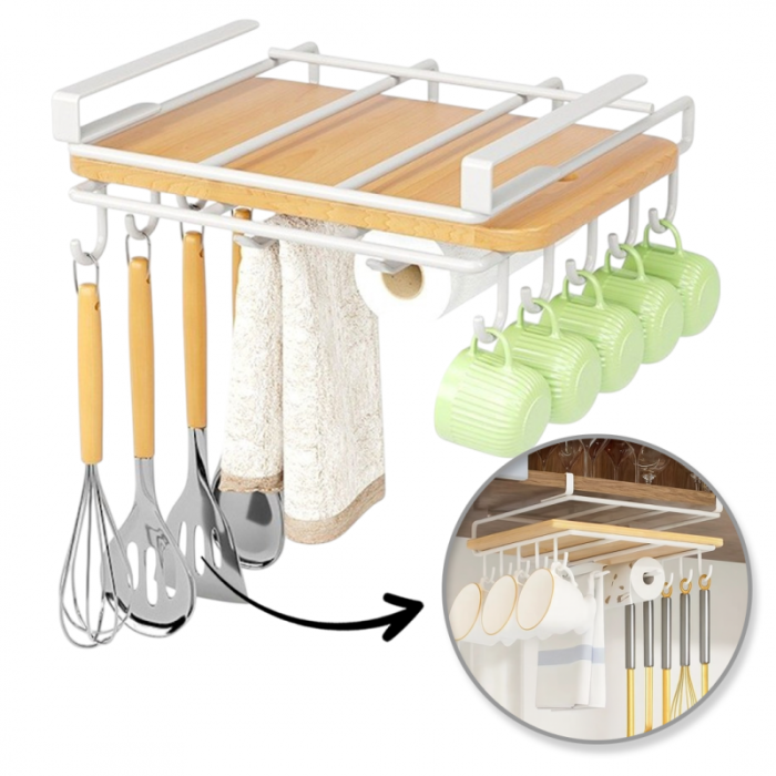 Półka, uchwyt podwieszany do szafki, organizer kuchenny z haczykami, biały