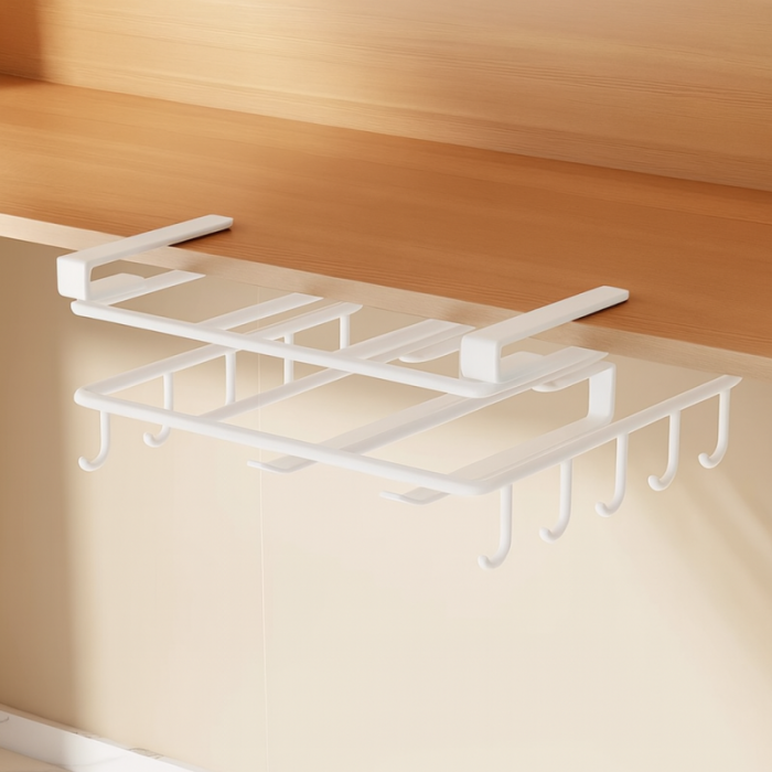 Półka, uchwyt podwieszany do szafki, organizer kuchenny z haczykami, biały