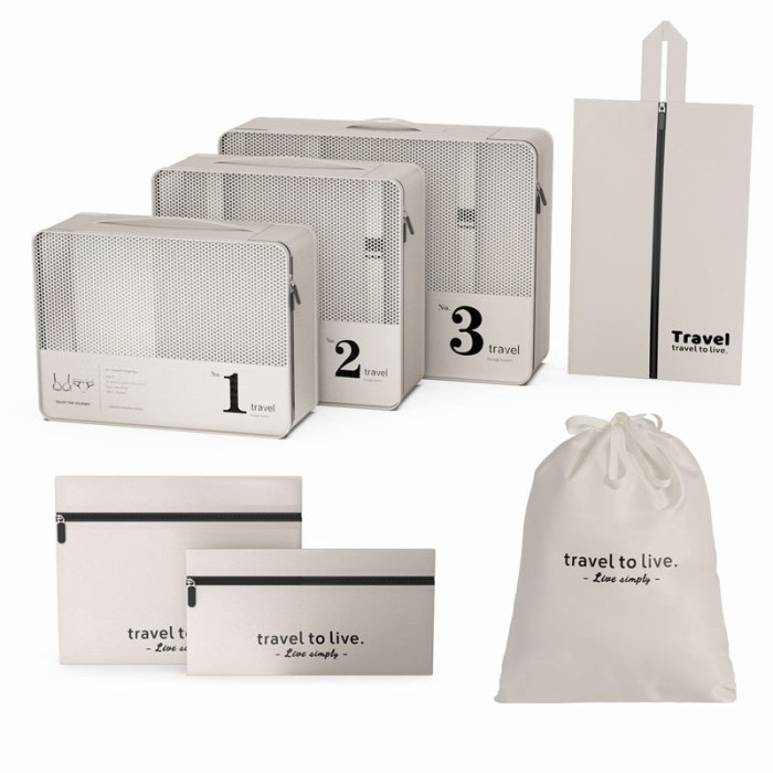 Zestaw podróżny 7 szt kosmetyczek saszetek organizerów, KREMOWE