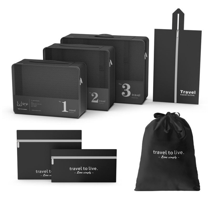 Zestaw podróżny 7 szt kosmetyczek saszetek organizerów, CZARNE