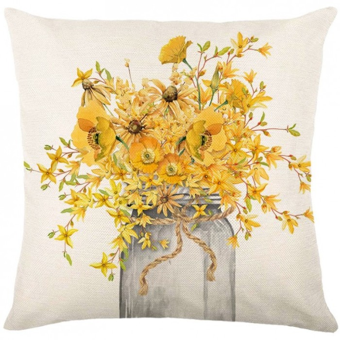 Lniana poszewka na poduszkę, 45 x 45 cm, z nadrukiem BUKIET KWIATÓW
