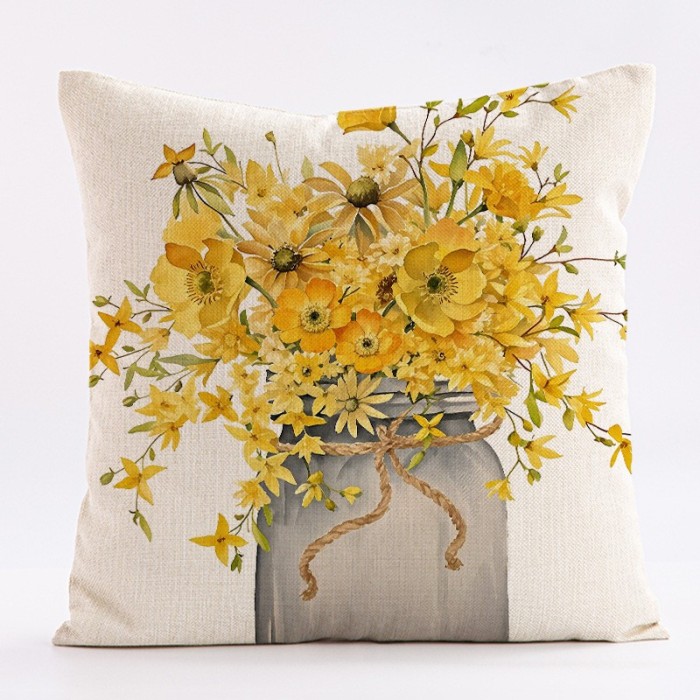 Lniana poszewka na poduszkę, 45 x 45 cm, z nadrukiem BUKIET KWIATÓW