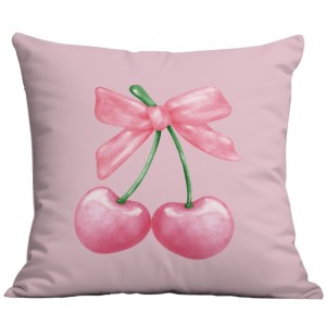 Poszewka na poduszkę, 45 x 45 cm, WIŚNIE i KOKARDA różowa