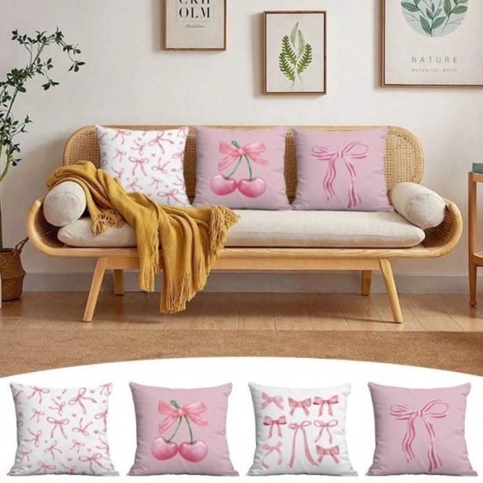 Poszewka na poduszkę, 45 x 45 cm, WIŚNIE i KOKARDA różowa