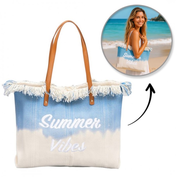 TORBA PLAŻOWA, Wakacyjna BOHO Z frędzlami niebieska ombre, na zakupy