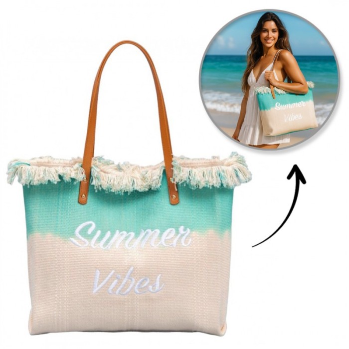 TORBA PLAŻOWA, Wakacyjna BOHO Z frędzlami zielona ombre, na zakupy