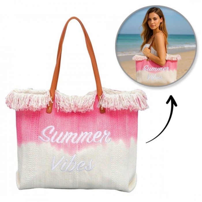 TORBA PLAŻOWA wakacyjna BOHO z frędzlami różowa ombre, na zakupy