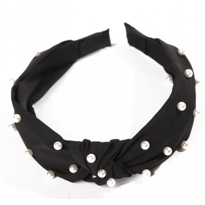 Opaska do włosów turban z materiału, gruba, czerń, perełki