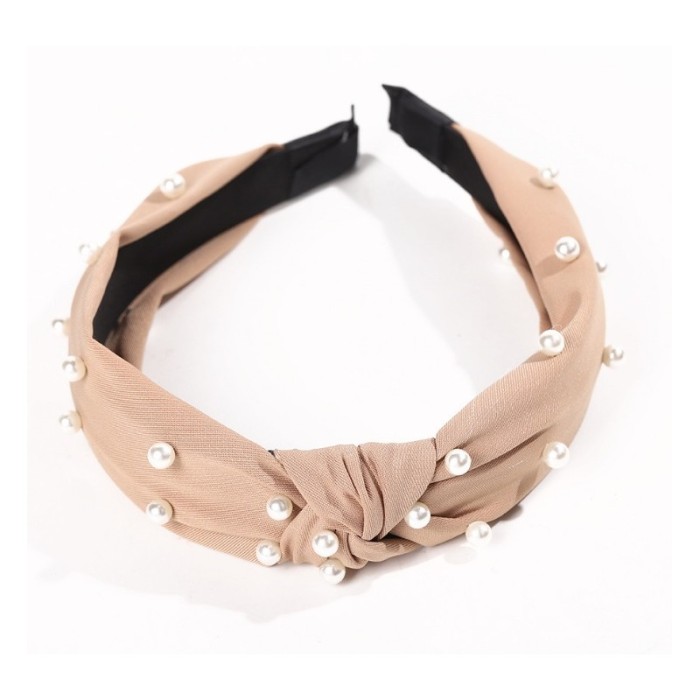 Opaska do włosów turban z materiału ,gruba, krem, perełki