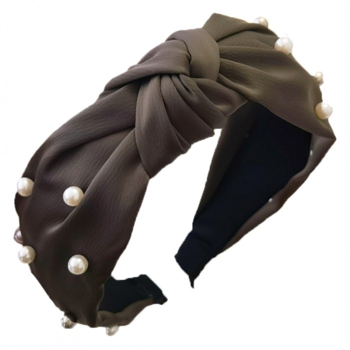 Opaska do włosów turban z materiału, gruba, perełki, khaki