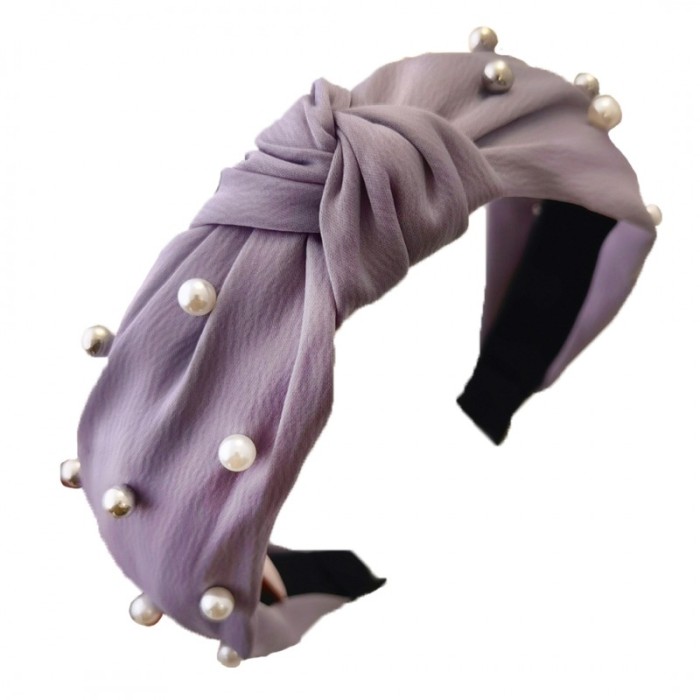 Opaska do włosów, turban z materiału, gruba, fiolet, perełki