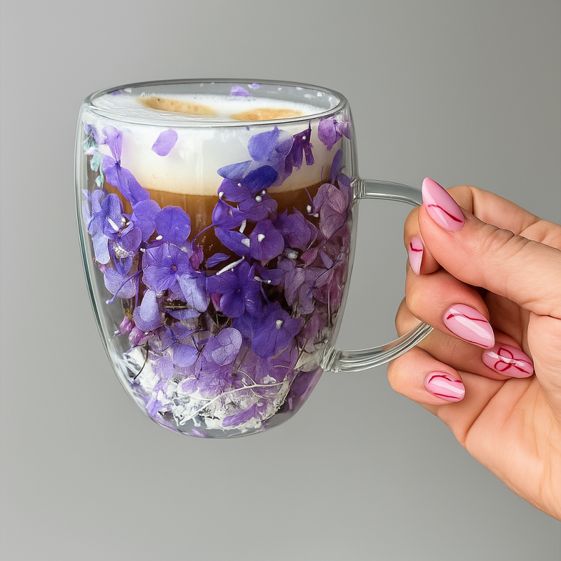 Szklanka termiczna z kwiatami w środku, gipsówka hortensje 300 ml 1szt SZK166