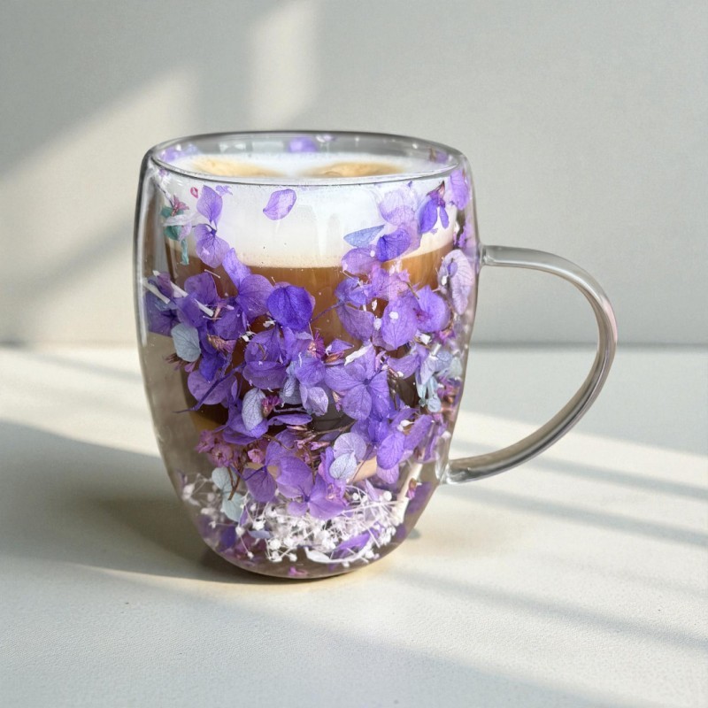 Szklanka termiczna z kwiatami w środku, gipsówka hortensje 300 ml 1szt SZK166