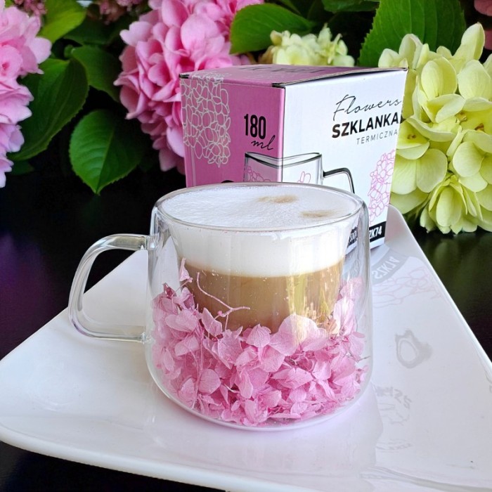 Szklanka termiczna z hortensją w środku jasny róż 180 ml 1szt SZK74