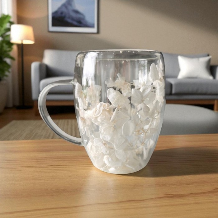 Szklanka termiczna z białymi kwiatami w środku, hortensje 300ml 1szt - SZK185