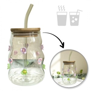 Szklanka z falowanymi ściankami i kwiatkami 450 ml ze słomką i pokrywką SZK164