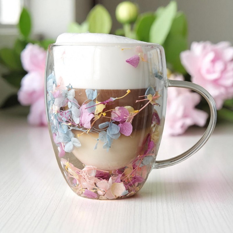 Szklanka termiczna z kwiatami w środku, gipsówka hortensje róż 300 ml 1szt SZK180