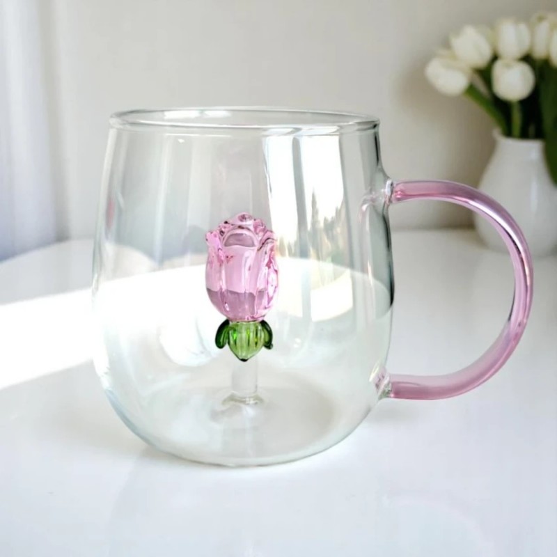 Szklanka ze szklanym tulipanem w środku, różowa rączka 400ml - SZK129