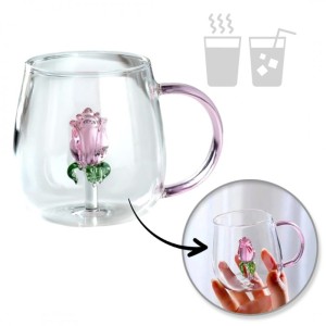 Szklanka ze szklanym tulipanem w środku, różowa rączka 400ml - SZK129