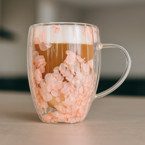 Szklanka termiczna ryflowana z kwiatami w środku, gipsówka róż 300 ml 1szt SZK157