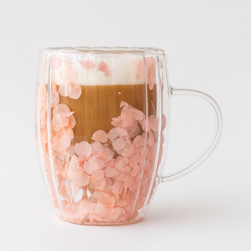 Szklanka termiczna ryflowana z kwiatami w środku, gipsówka róż 300 ml 1szt SZK157