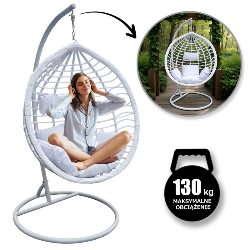 Fotel wiszący huśtawka kokon z poduszkami biały - KR36