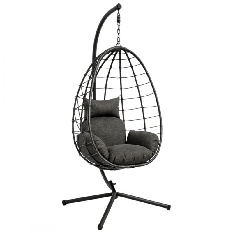 Fotel wiszący huśtawka, kokon składany czarny, antracyt z poduszkami KR37GRAF