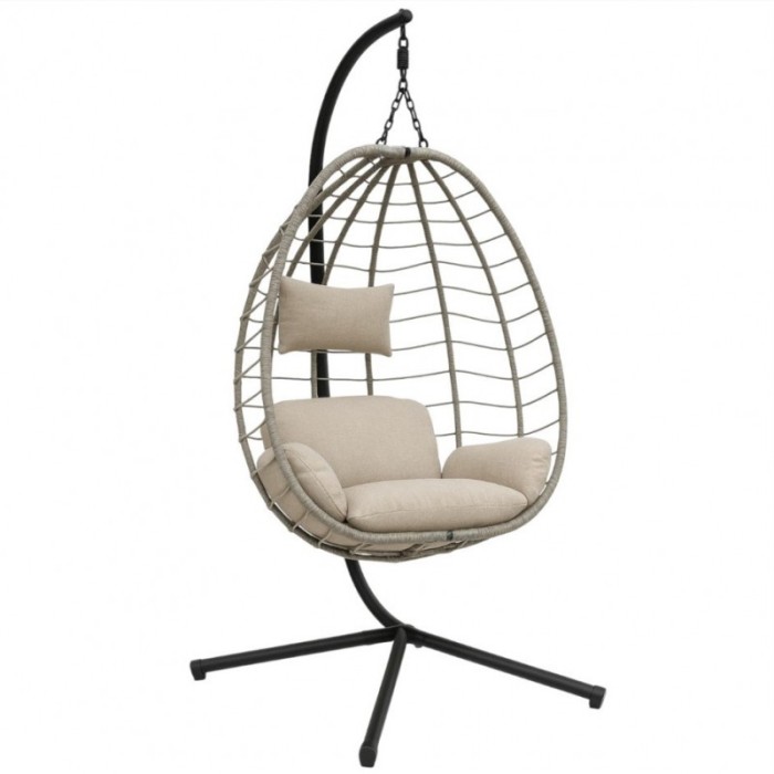 Fotel wiszący huśtawka, kokon składany szary z beżowymi poduszkami KR37SZ