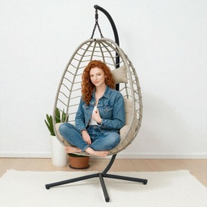 Fotel wiszący huśtawka, kokon składany szary z beżowymi poduszkami KR37SZ