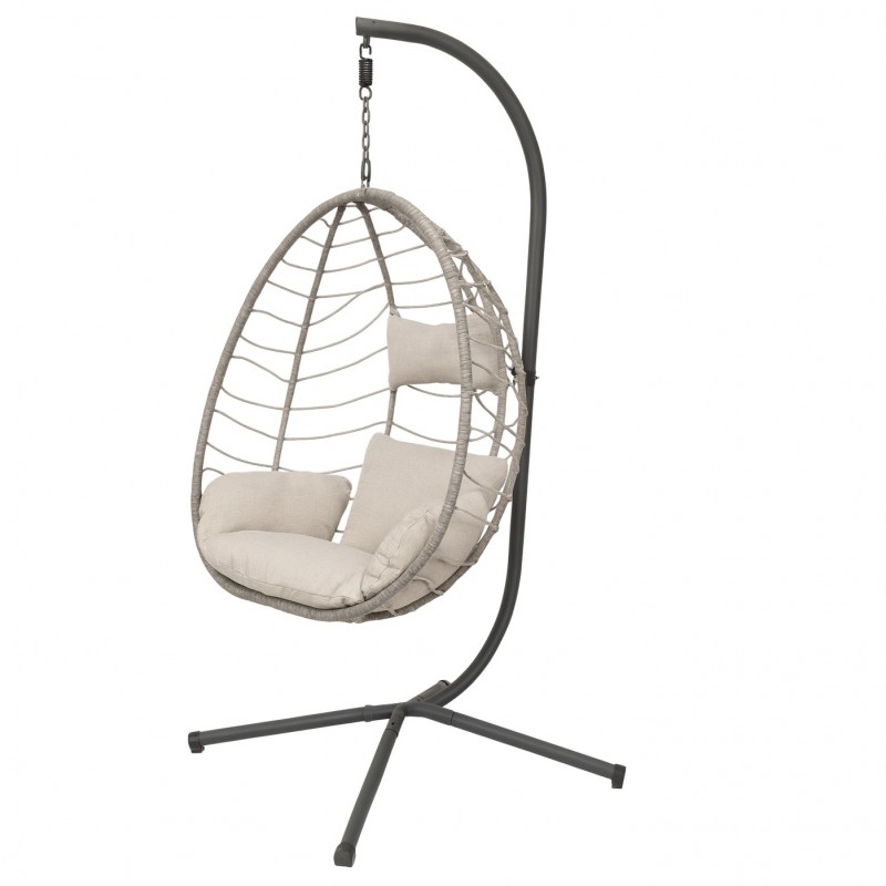 Fotel wiszący huśtawka, kokon składany szary z beżowymi poduszkami KR37SZ