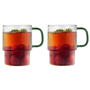 Dwie szklanki ryflowane z zielonym uchem 350ml Livio 1807