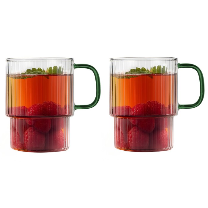 Dwie szklanki ryflowane z zielonym uchem 350ml Livio 1807