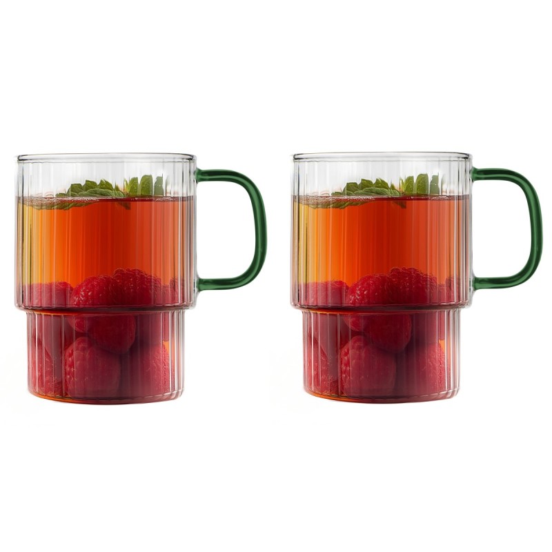 Dwie szklanki ryflowane z zielonym uchem 350ml Livio 1807