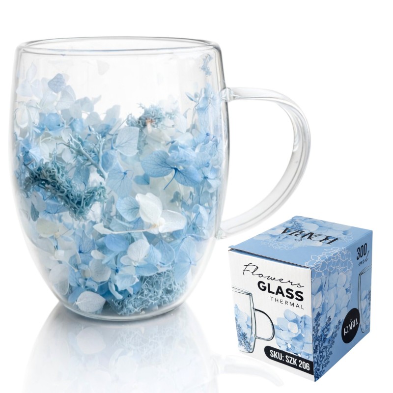 Szklanka termiczna z kwiatami w środku, hortensje, mech niebieskie 300 ml 1szt SZK206