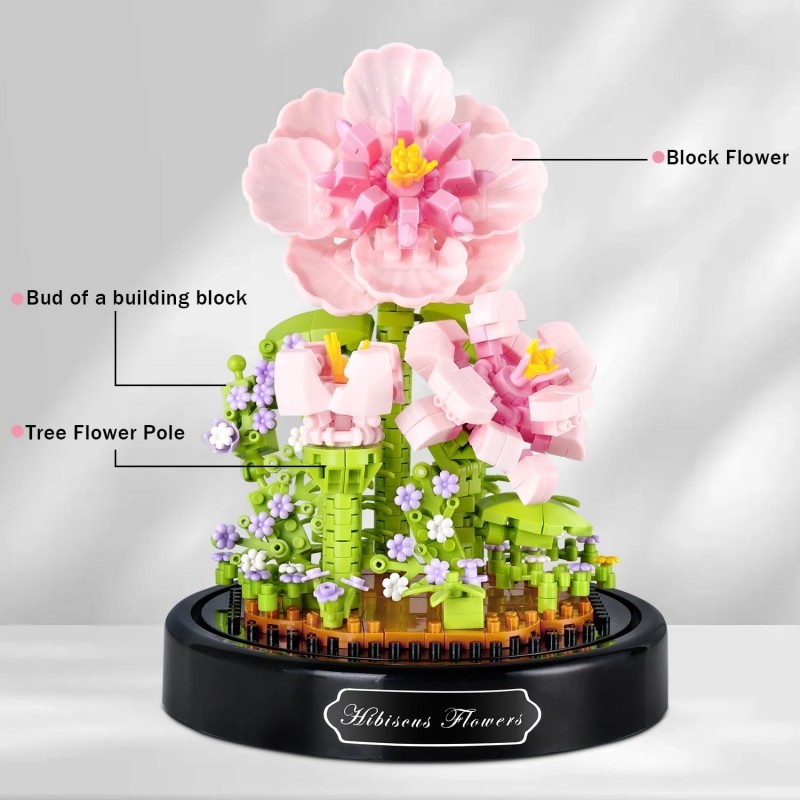 Kwiaty Hibiskus z klocków konstrukcyjnych pod kopułą, róż, 543 el. +12 lat KL04