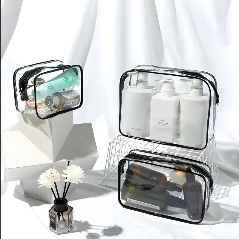 Zestaw kosmetyczek 3w1, transparentne 3 rozmiary, wodoodporne Czerń KS154