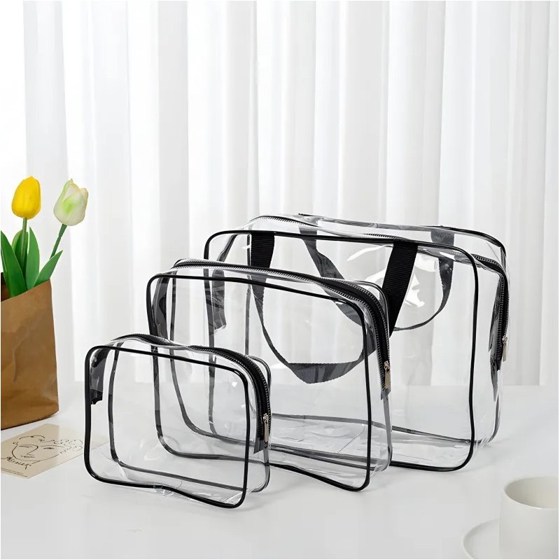 Zestaw kosmetyczek 3w1, transparentne 3 rozmiary, wodoodporne Czerń KS154