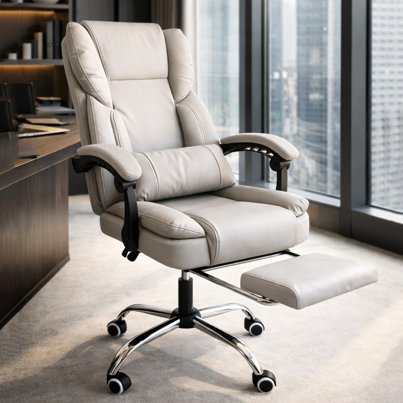 Fotel biurowy obrotowy SKYLINE z podnóżkiem - kremowa ekoskóra KO51K