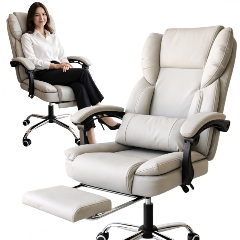 Fotel biurowy obrotowy SKYLINE z podnóżkiem - kremowa ekoskóra KO51K