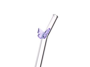 Kpl. 6 szklanych słomek z ozdobną dekoracją i czyścikiem.