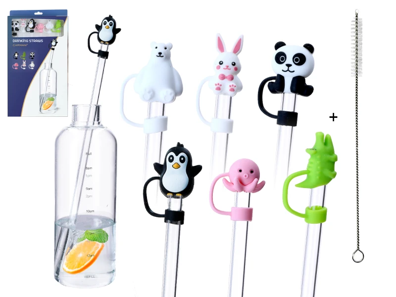 Kpl. 6 szklanych słomek z silikonowymi końcówkami i czyścikiem.