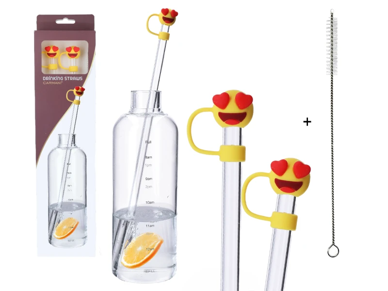 Kpl. 2 szklanych słomek z silikonowymi końcówkami i czyścikiem.