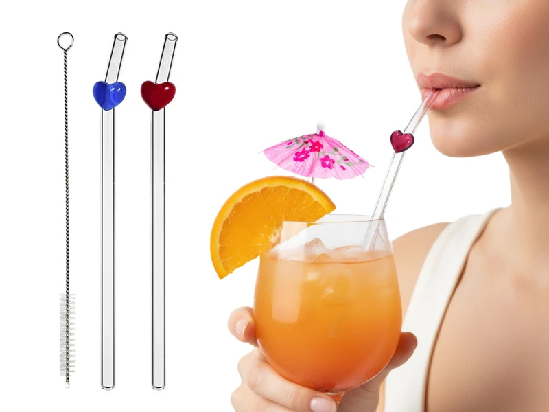 Kpl. 2 szklanych słomek z ozdobną dekoracją i czyścikiem.