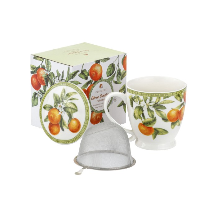MCP, porcelanowy kubek 360ml  z sitkiem i przykrywką - JUICY ORANGES, pomarańcze