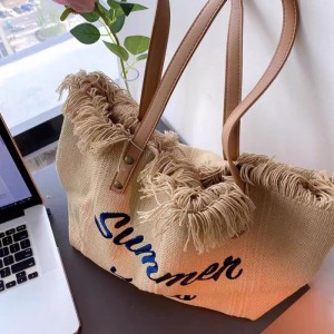 TORBA PLAŻOWA , na zakupy duża i pojemna z frędzlami BOHO, brąz TP11BR