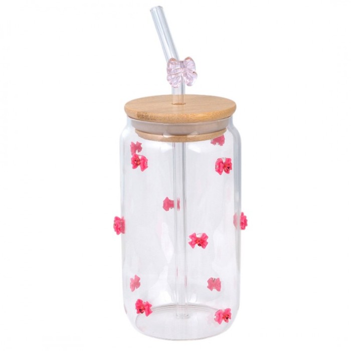 Szklanka, różowe kokardki z cyrkoniami - z rurką i bambusową pokrywką 460 ml - SZK135