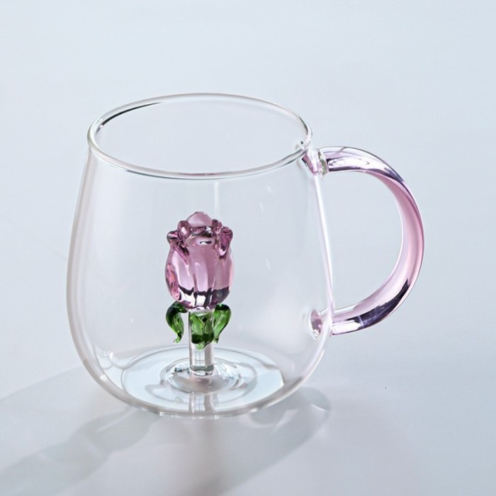 Szklanka ze szklanym tulipanem w środku, różowa rączka 400ml - SZK129